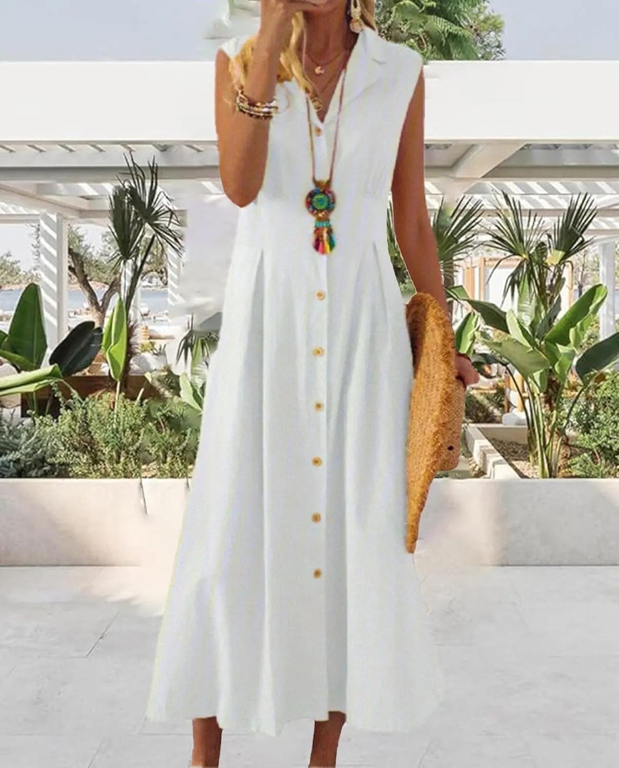 Geleglaer Linen Dresses for Womens Button Down Sleeveless Maxi Dress Casual Cotton Linen Tank Dress Summer Dress 2024