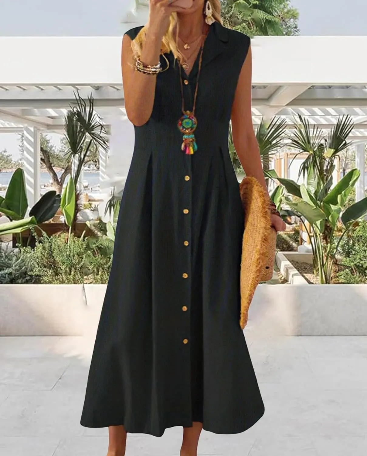 Geleglaer Linen Dresses for Womens Button Down Sleeveless Maxi Dress Casual Cotton Linen Tank Dress Summer Dress 2024