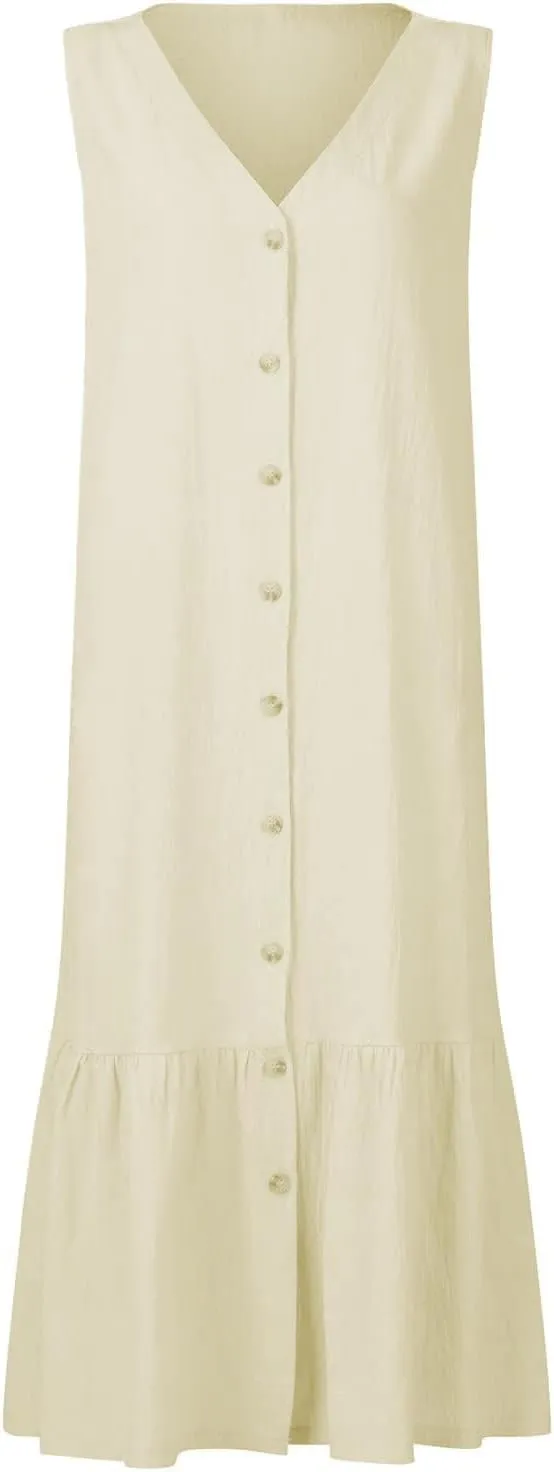Geleglaer Linen Dresses for Womens Button Down Sleeveless Maxi Dress Casual Cotton Linen Tank Dress Summer Dress 2024