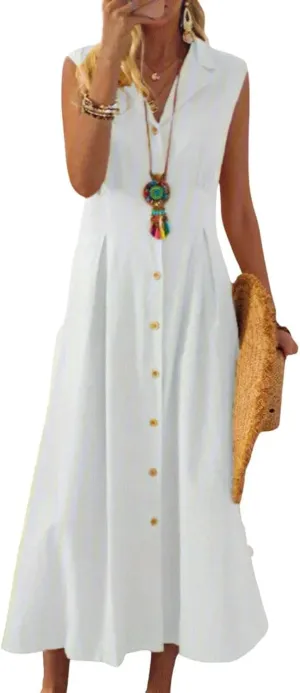 Geleglaer Linen Dresses for Womens Button Down Sleeveless Maxi Dress Casual Cotton Linen Tank Dress Summer Dress 2024