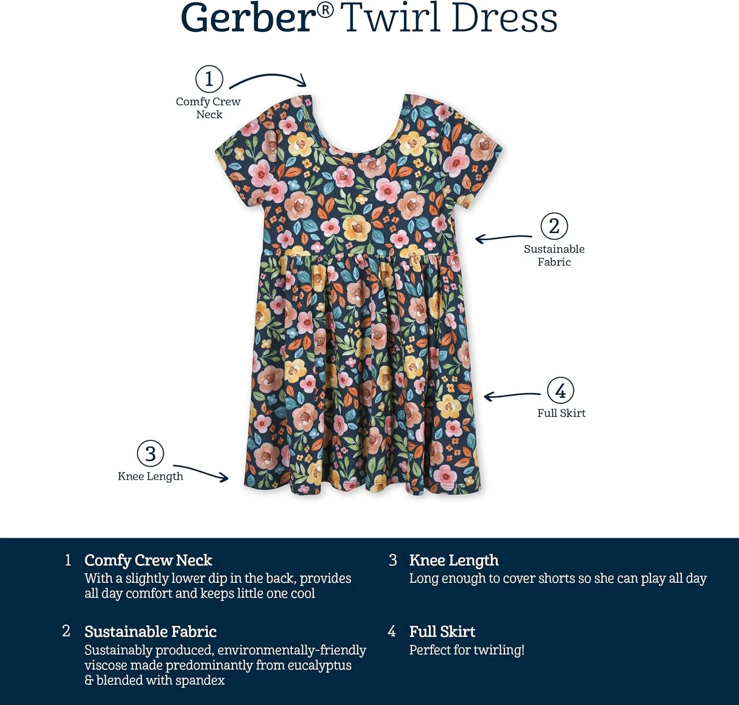 Gerber Baby Girls' Toddler Buttery Soft Short Sleeve Twirl Dress with Viscose Made from Eucalyptus