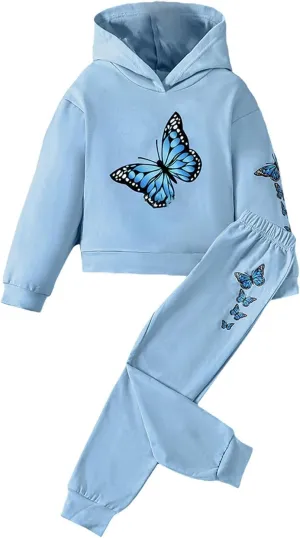 Girls Tracksuit Athletic Sweatsuits Butterfly Print Hoodies Cropped Sweatshirts and Jogger Sweatpants Clothing Sets