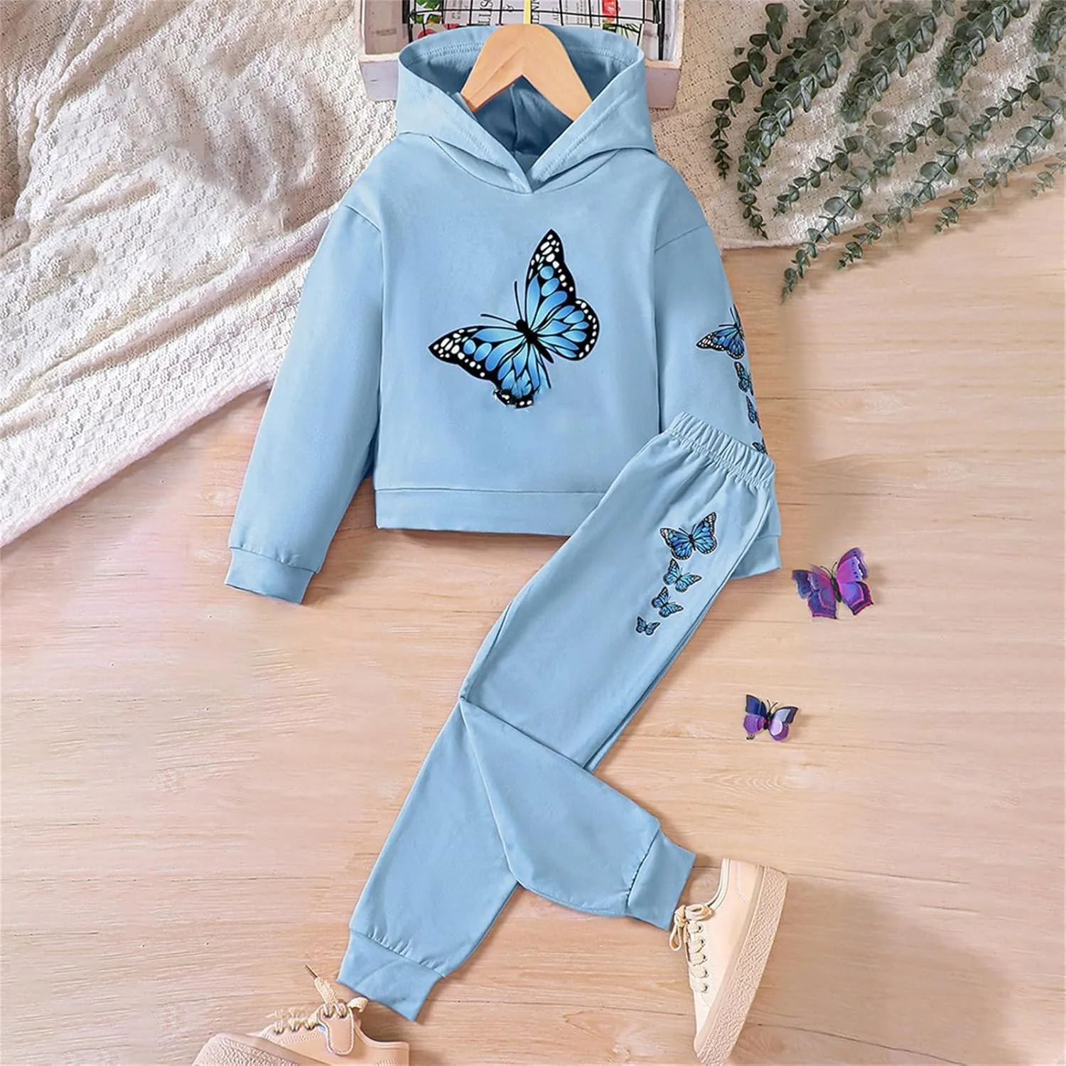 Girls Tracksuit Athletic Sweatsuits Butterfly Print Hoodies Cropped Sweatshirts and Jogger Sweatpants Clothing Sets