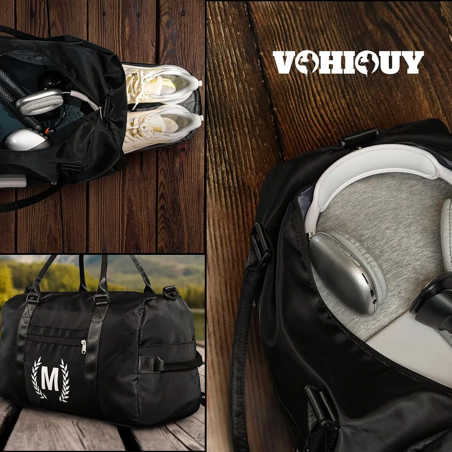 Gym Bag for Women & Men, Fitness Workout Sports Travel Duffle Bag with Wet Pocket & Shoes Compartment, Great Present for Gym Lovers Jet Black