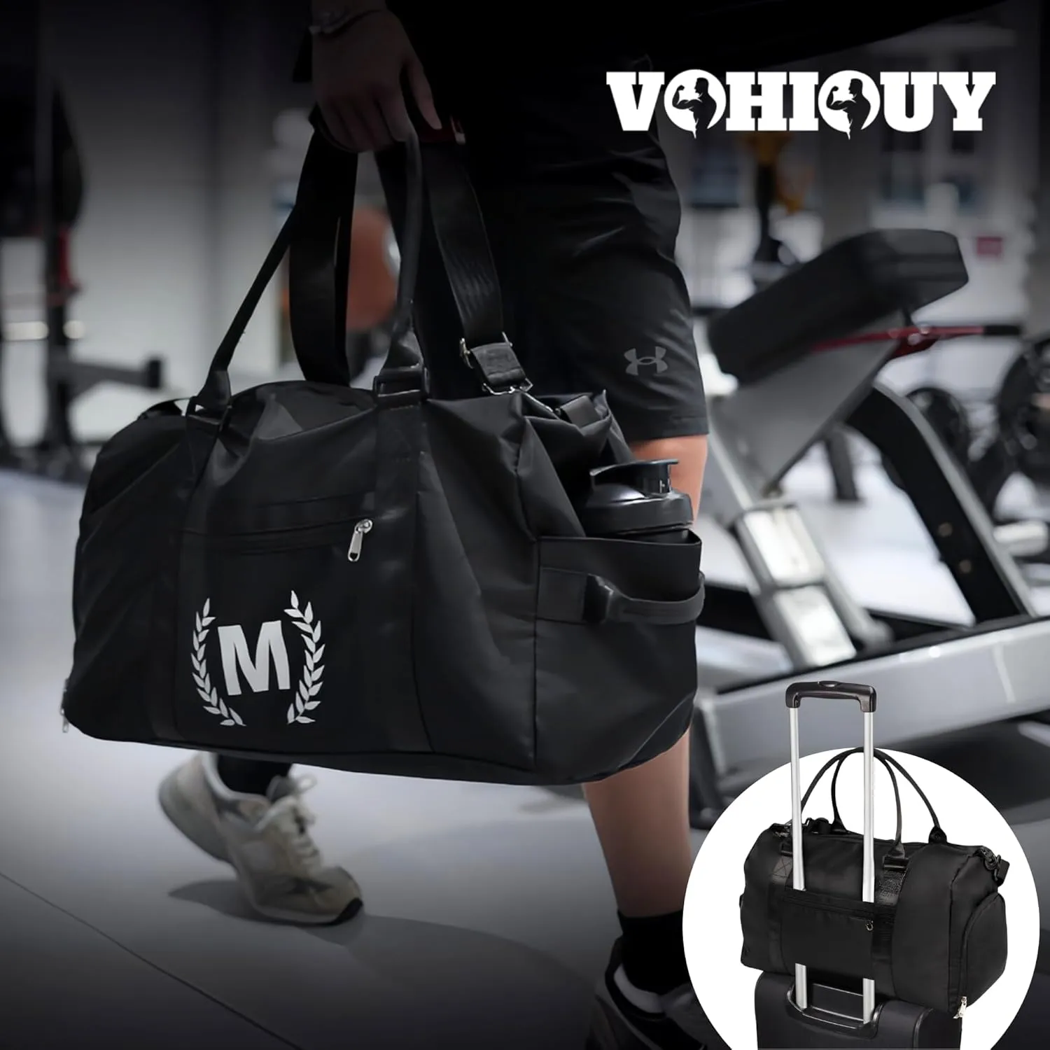 Gym Bag for Women & Men, Fitness Workout Sports Travel Duffle Bag with Wet Pocket & Shoes Compartment, Great Present for Gym Lovers Jet Black