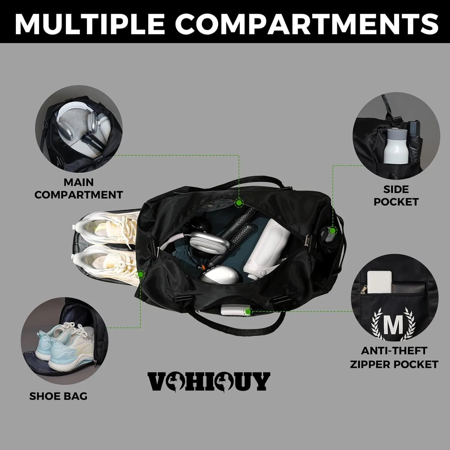 Gym Bag for Women & Men, Fitness Workout Sports Travel Duffle Bag with Wet Pocket & Shoes Compartment, Great Present for Gym Lovers Jet Black
