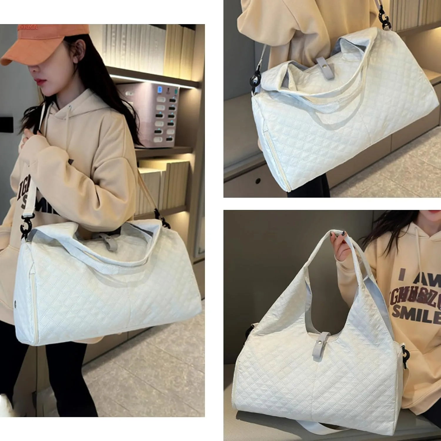 Gym Bag for Women, Travel Bag with Shoes Compartment, Weekender Overnight Duffel Bag with Wet Pocket, Carry On Bag for Women (White)
