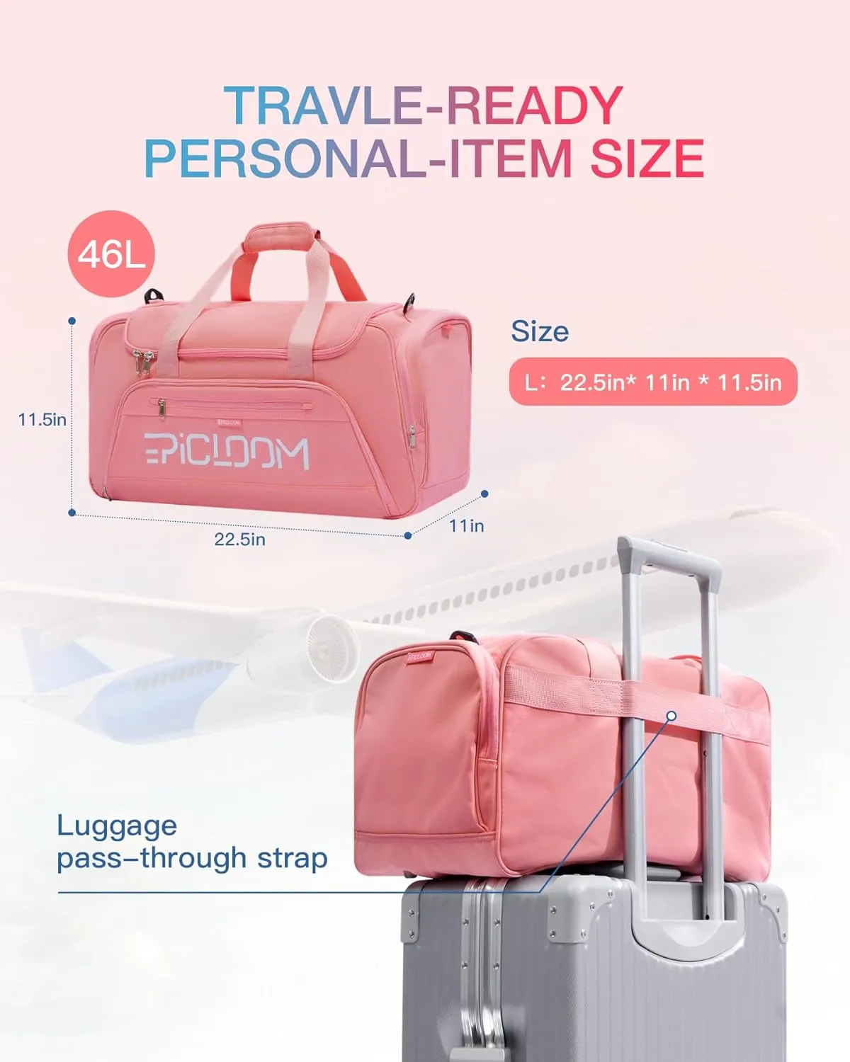 Gym Bag for Women, Travel duffel Bag with Shoes Compartment, Weekender Overnight Bag with Wet Pocket,Carry On Bag for Men Pink 46L