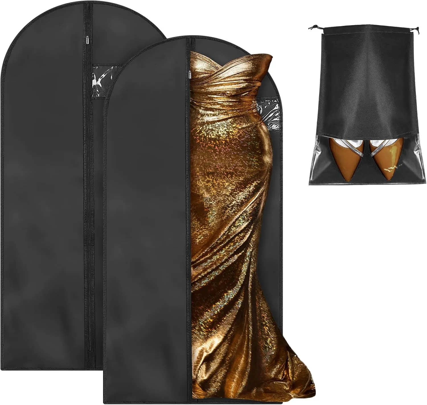 Halinuia 2 Hanging Garment Bags 140 x 60 cm, 1 Shoe Bag 32 x 44 cm, Hanging Garment Bags, Foldable Suit Men, Protective Cover for Wedding Dress with Window for Storage
