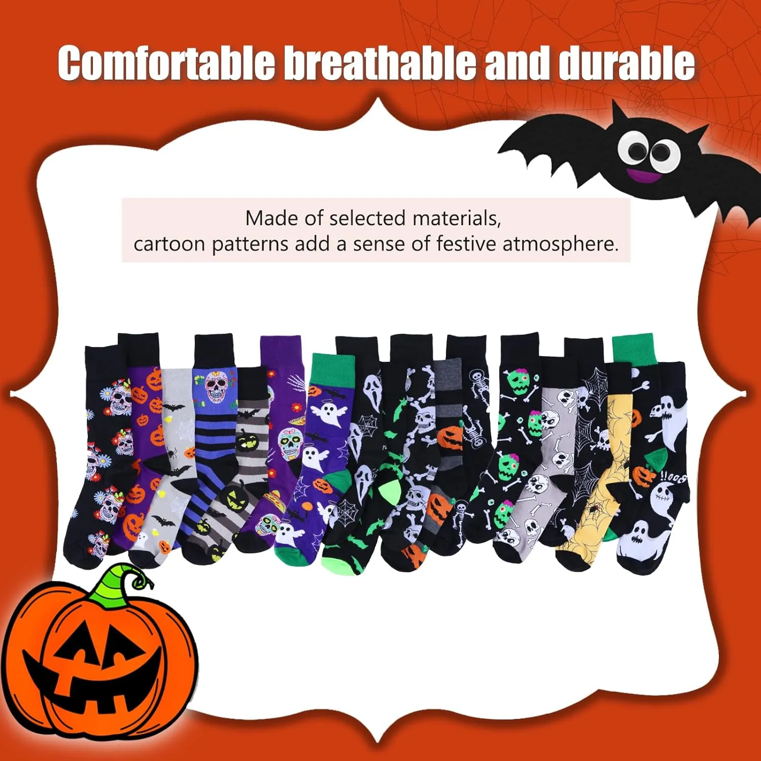 Halloween Socks for Men Women,6 Pairs Fun Novelty Fuzzy Full Socks Pumpkin Crew Socks Cotton Fun Halloween Gifts