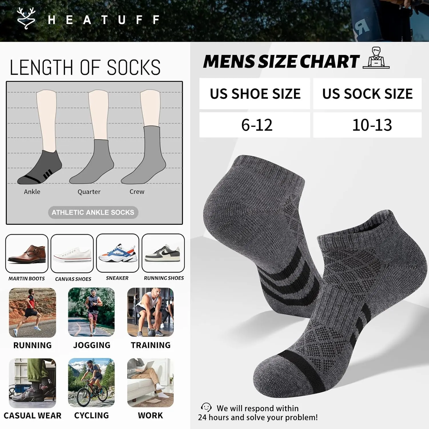 Heatuff 12 Pairs Men's Cushion Ankle Socks Athletic Running Low Cut Breathable Comfort Casual Socks