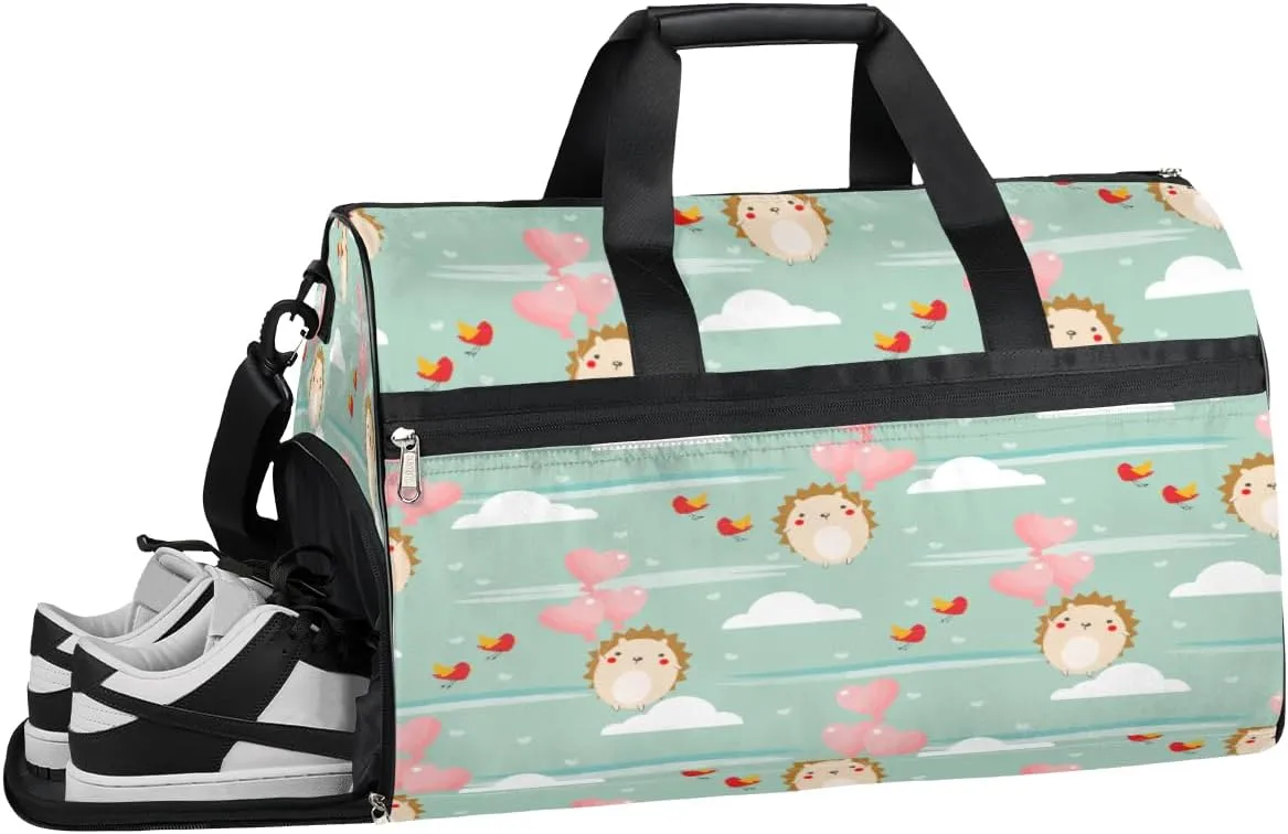 Hedgehog Heart Resistant Sports Gym Bag for Women Men Travel Duffel bag with Wet Pocket & Shoes Compartment Waterproof Weekender Bag 19.7"x9.9"x13"