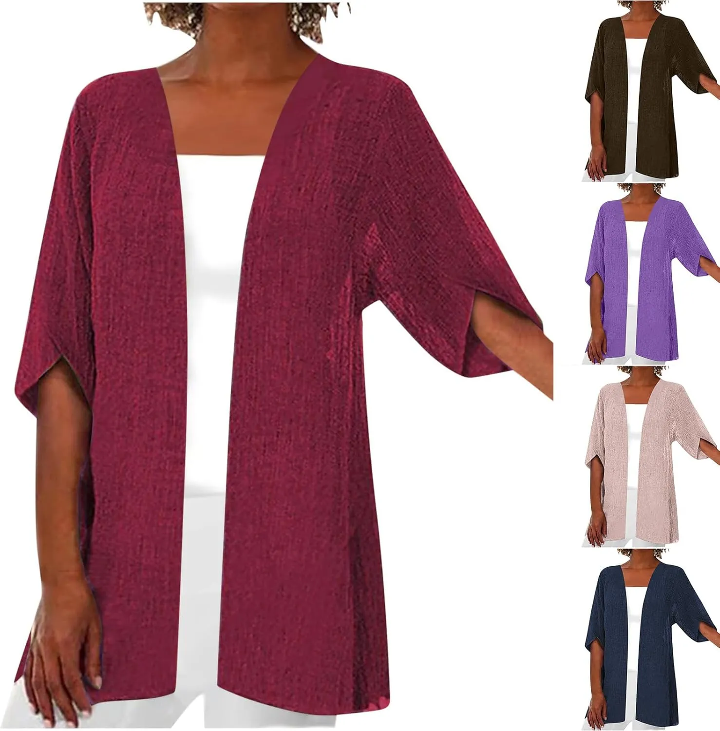 HGps8w Womens Plus Size Kimono Cardigan Loose Summer 3/4 Sleeve Beach Cover Ups Lightweight Casual Open Front Sun Shirts
