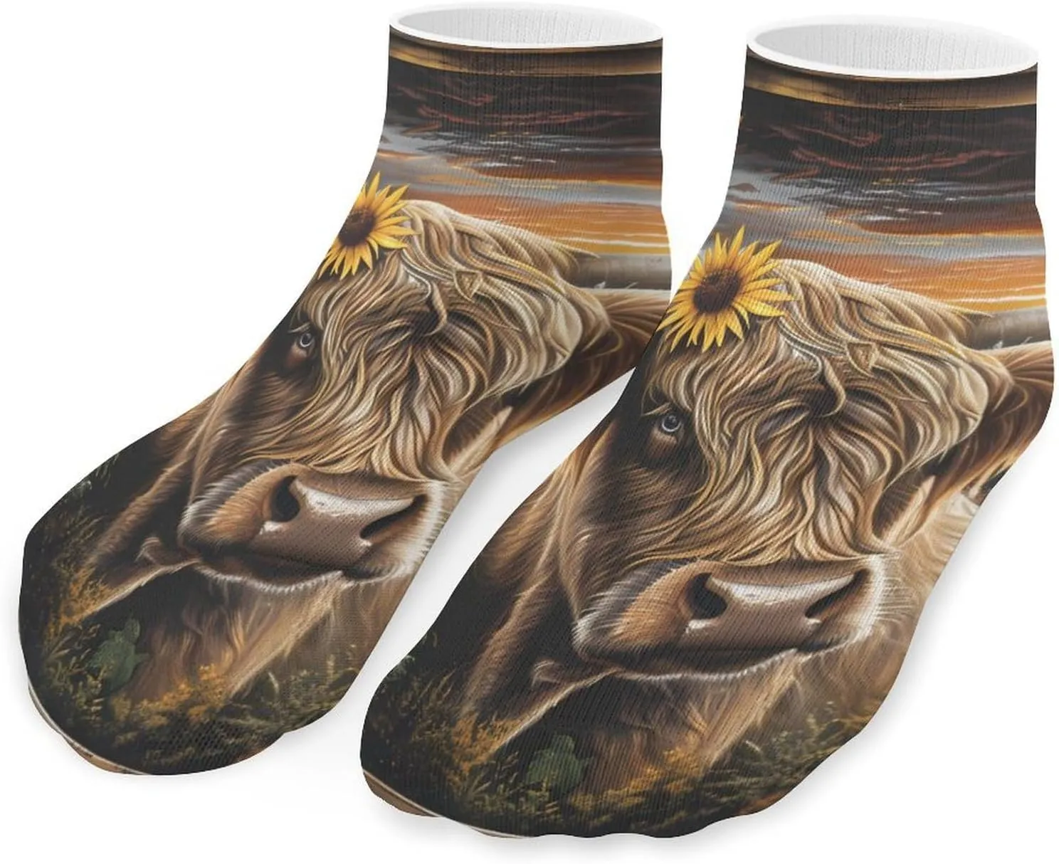 Highland Cow with Sunflowers Butterflies Printed Ankle Socks No Show Sock Low-Cut Athletic Socks for Men Women 1 Pair