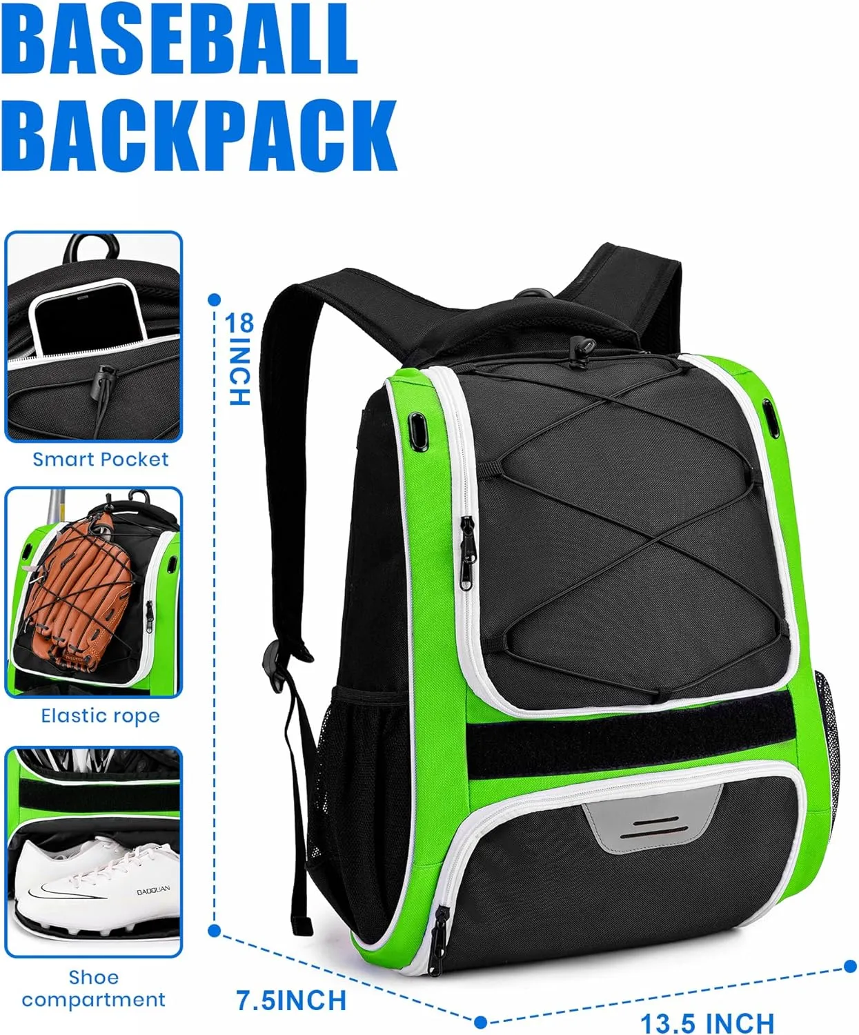 HMLIN Baseball Bag,Baseball Backpack, Softball Bat Bag with Shoes Compartment for Youth Adults,Lightweight Baseball Bag with T-Ball & Softball Equipment & Gear