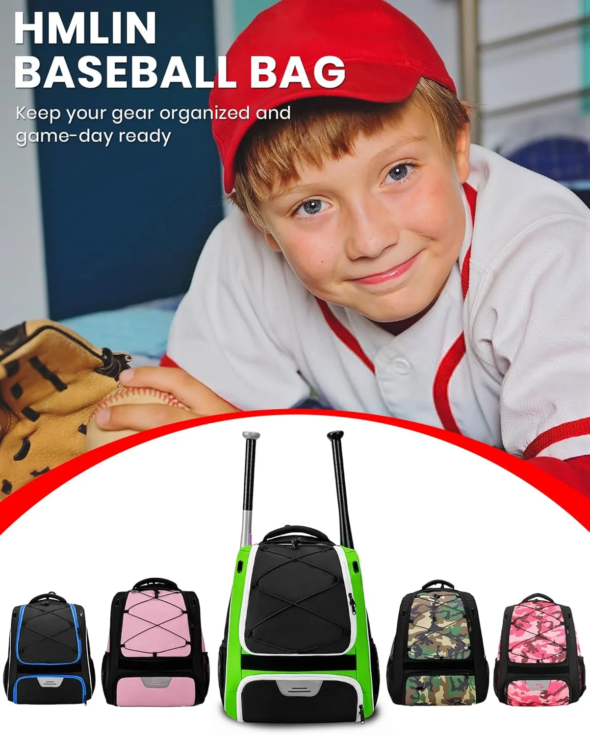 HMLIN Baseball Bag,Baseball Backpack, Softball Bat Bag with Shoes Compartment for Youth Adults,Lightweight Baseball Bag with T-Ball & Softball Equipment & Gear