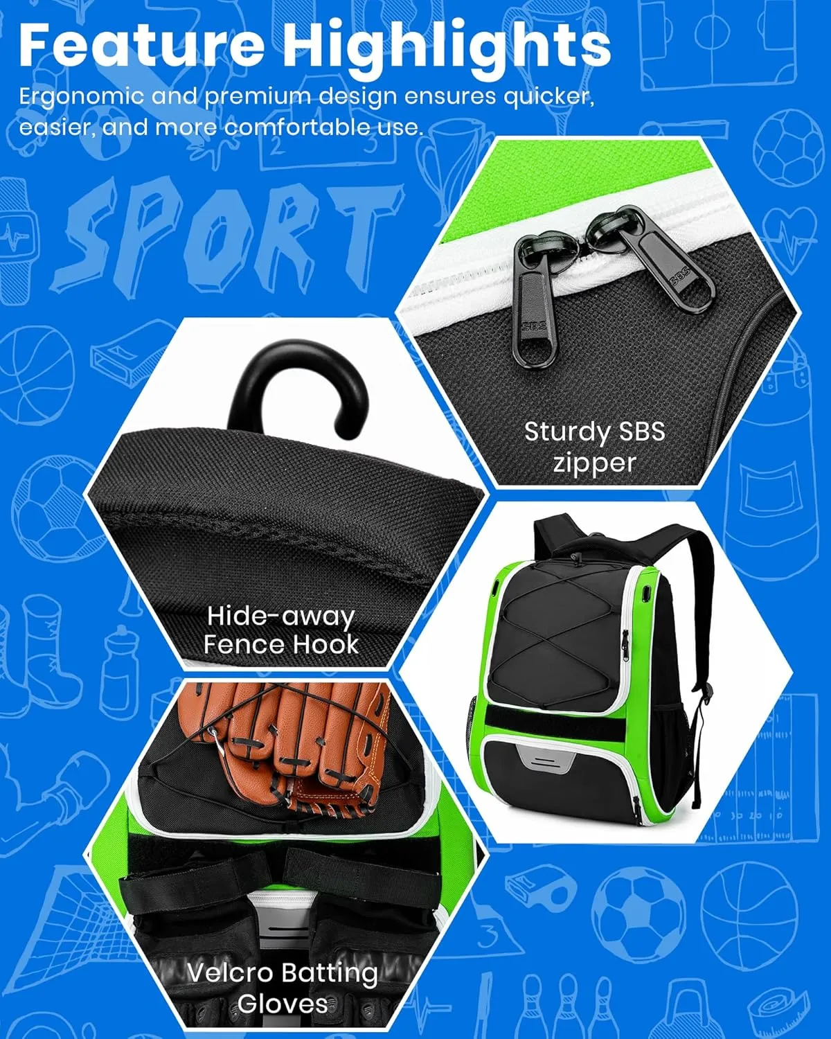 HMLIN Baseball Bag,Baseball Backpack, Softball Bat Bag with Shoes Compartment for Youth Adults,Lightweight Baseball Bag with T-Ball & Softball Equipment & Gear