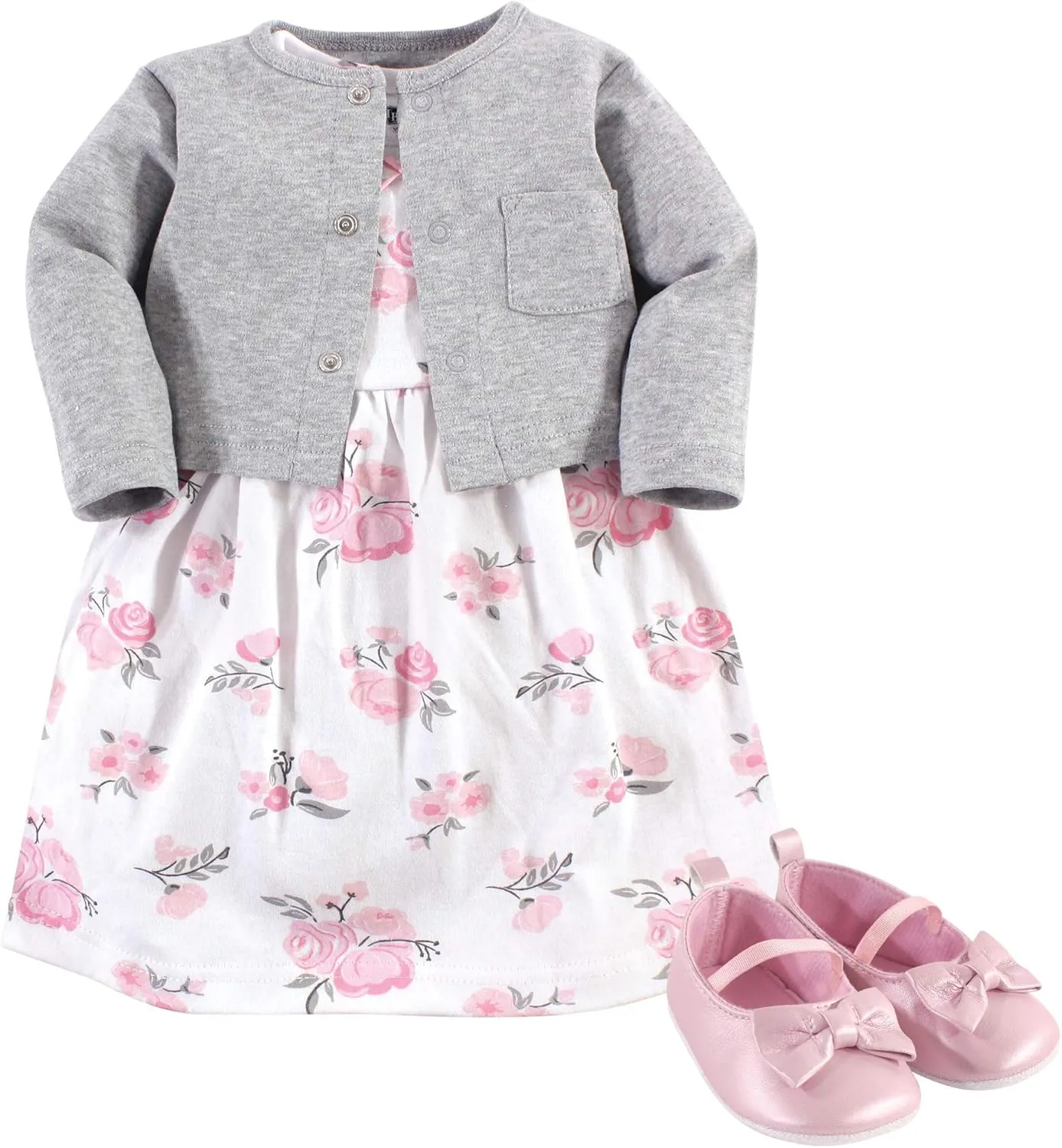 Hudson Baby baby-girls Cotton Dress, Cardigan and Shoe Set