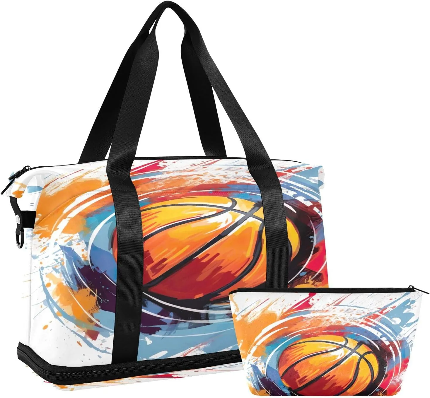 Kigai Basketball Paintin Gym Bag for Women & Men,Waterproof Weekender Overnight Bag with Shoes Compartment Sports Duffel Bag for Gym Yoga Swimming Camping