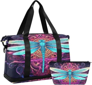 Kigai Beautiful Dragonfly Gym Bag for Women & Men,Waterproof Weekender Overnight Bag with Shoes Compartment Sports Duffel Bag for Gym Yoga Swimming Camping