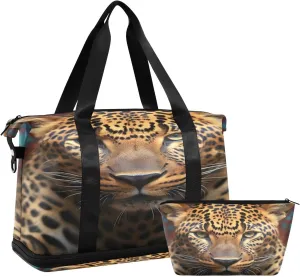 Kigai Beautiful Leopard Gym Bag for Women & Men,Waterproof Weekender Overnight Bag with Shoes Compartment Sports Duffel Bag for Gym Yoga Swimming Camping
