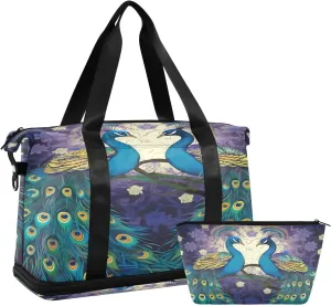 Kigai Beautiful Peacock Gym Bag for Women & Men,Waterproof Weekender Overnight Bag with Shoes Compartment Sports Duffel Bag for Gym Yoga Swimming Camping