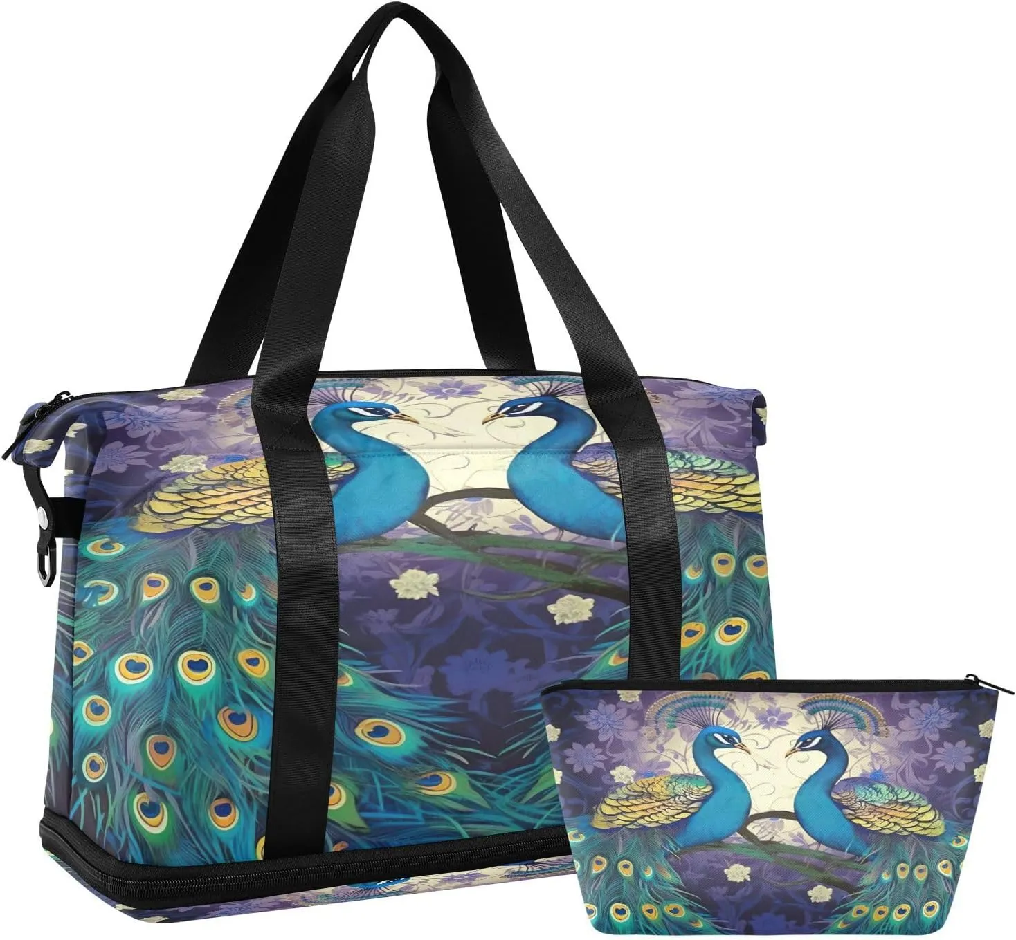 Kigai Beautiful Peacock Gym Bag for Women & Men,Waterproof Weekender Overnight Bag with Shoes Compartment Sports Duffel Bag for Gym Yoga Swimming Camping