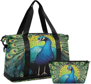 Kigai Beautiful Peacock Gym Bag for Women & Men,Waterproof Weekender Overnight Bag with Shoes Compartment Sports Duffel Bag for Gym Yoga Swimming Camping