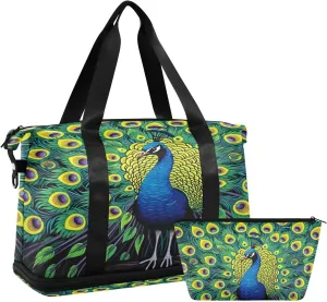 Kigai Beautiful Peacock Gym Bag for Women & Men,Waterproof Weekender Overnight Bag with Shoes Compartment Sports Duffel Bag for Gym Yoga Swimming Camping