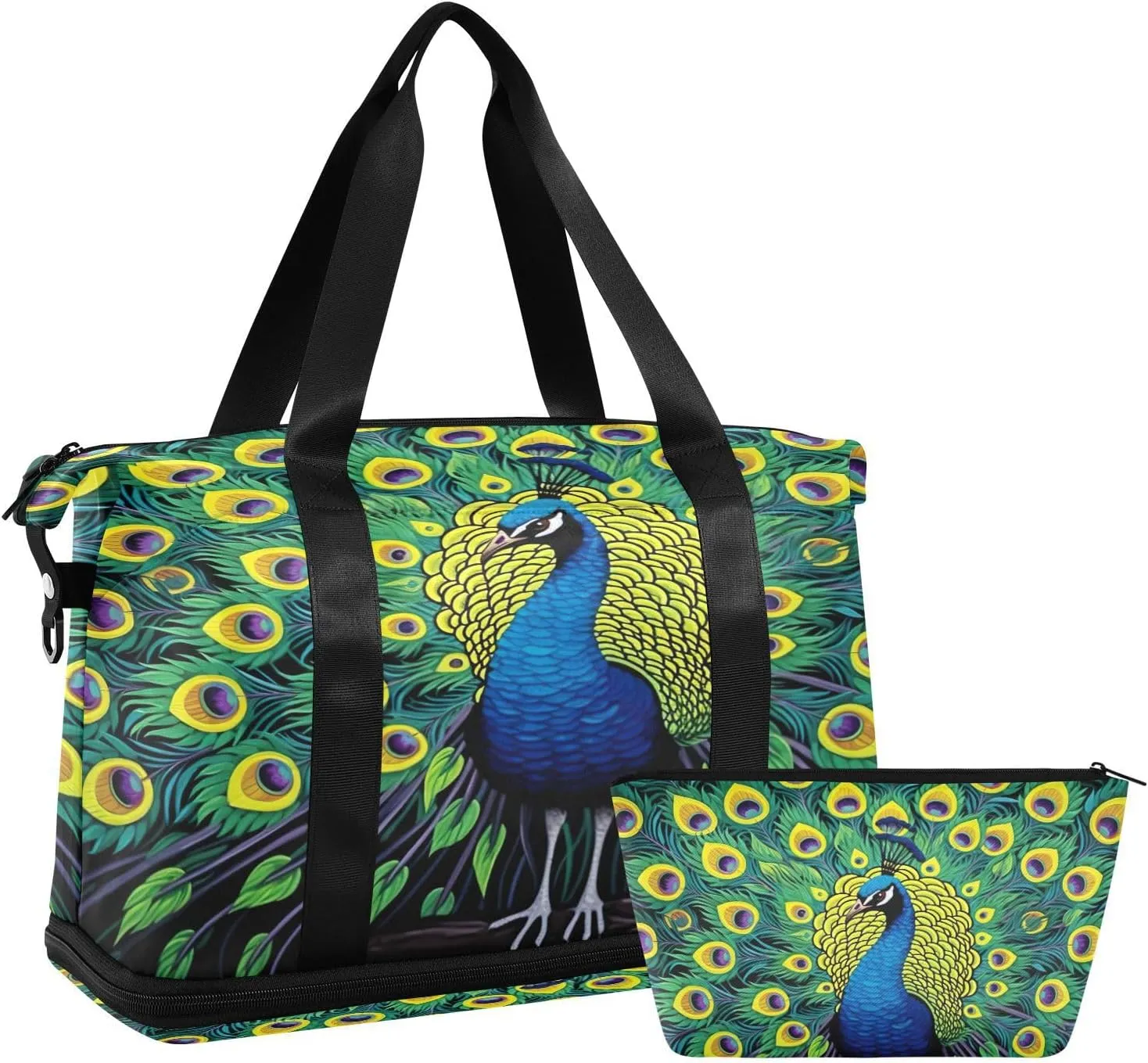 Kigai Beautiful Peacock Gym Bag for Women & Men,Waterproof Weekender Overnight Bag with Shoes Compartment Sports Duffel Bag for Gym Yoga Swimming Camping