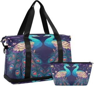 Kigai Beautiful Peacock Gym Bag for Women & Men,Waterproof Weekender Overnight Bag with Shoes Compartment Sports Duffel Bag for Gym Yoga Swimming Camping