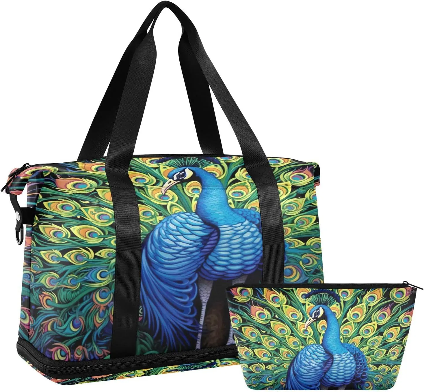 Kigai Beautiful Peacock Gym Bag for Women & Men,Waterproof Weekender Overnight Bag with Shoes Compartment Sports Duffel Bag for Gym Yoga Swimming Camping