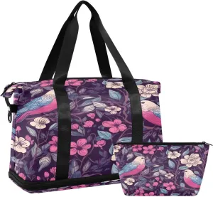 Kigai Bird Flowers Gym Bag for Women & Men,Waterproof Weekender Overnight Bag with Shoes Compartment Sports Duffel Bag for Gym Yoga Swimming Camping