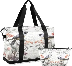 Kigai Bird Flowers Gym Bag for Women & Men,Waterproof Weekender Overnight Bag with Shoes Compartment Sports Duffel Bag for Gym Yoga Swimming Camping