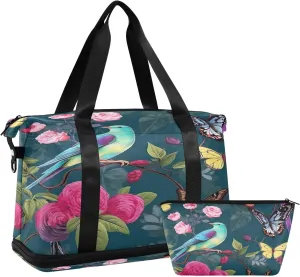 Kigai Butterfly Bird Gym Bag for Women & Men,Waterproof Weekender Overnight Bag with Shoes Compartment Sports Duffel Bag for Gym Yoga Swimming Camping