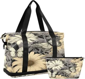 Kigai Butterfly Flowers Gym Bag for Women & Men,Waterproof Weekender Overnight Bag with Shoes Compartment Sports Duffel Bag for Gym Yoga Swimming Camping