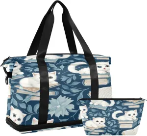 Kigai Cat Book Gym Bag for Women & Men,Waterproof Weekender Overnight Bag with Shoes Compartment Sports Duffel Bag for Gym Yoga Swimming Camping