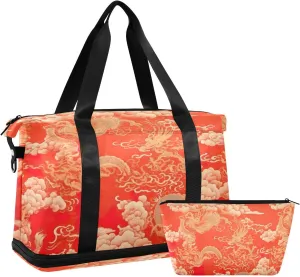 Kigai Chinese Dragon Gym Bag for Women & Men,Waterproof Weekender Overnight Bag with Shoes Compartment Sports Duffel Bag for Gym Yoga Swimming Camping