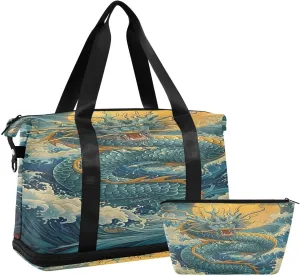 Kigai Chinese Dragon Gym Bag for Women & Men,Waterproof Weekender Overnight Bag with Shoes Compartment Sports Duffel Bag for Gym Yoga Swimming Camping