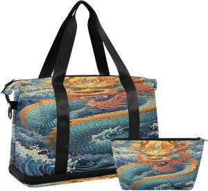 Kigai Chinese Dragon Gym Bag for Women & Men,Waterproof Weekender Overnight Bag with Shoes Compartment Sports Duffel Bag for Gym Yoga Swimming Camping