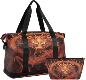 Kigai Chinese Dragon Gym Bag for Women & Men,Waterproof Weekender Overnight Bag with Shoes Compartment Sports Duffel Bag for Gym Yoga Swimming Camping