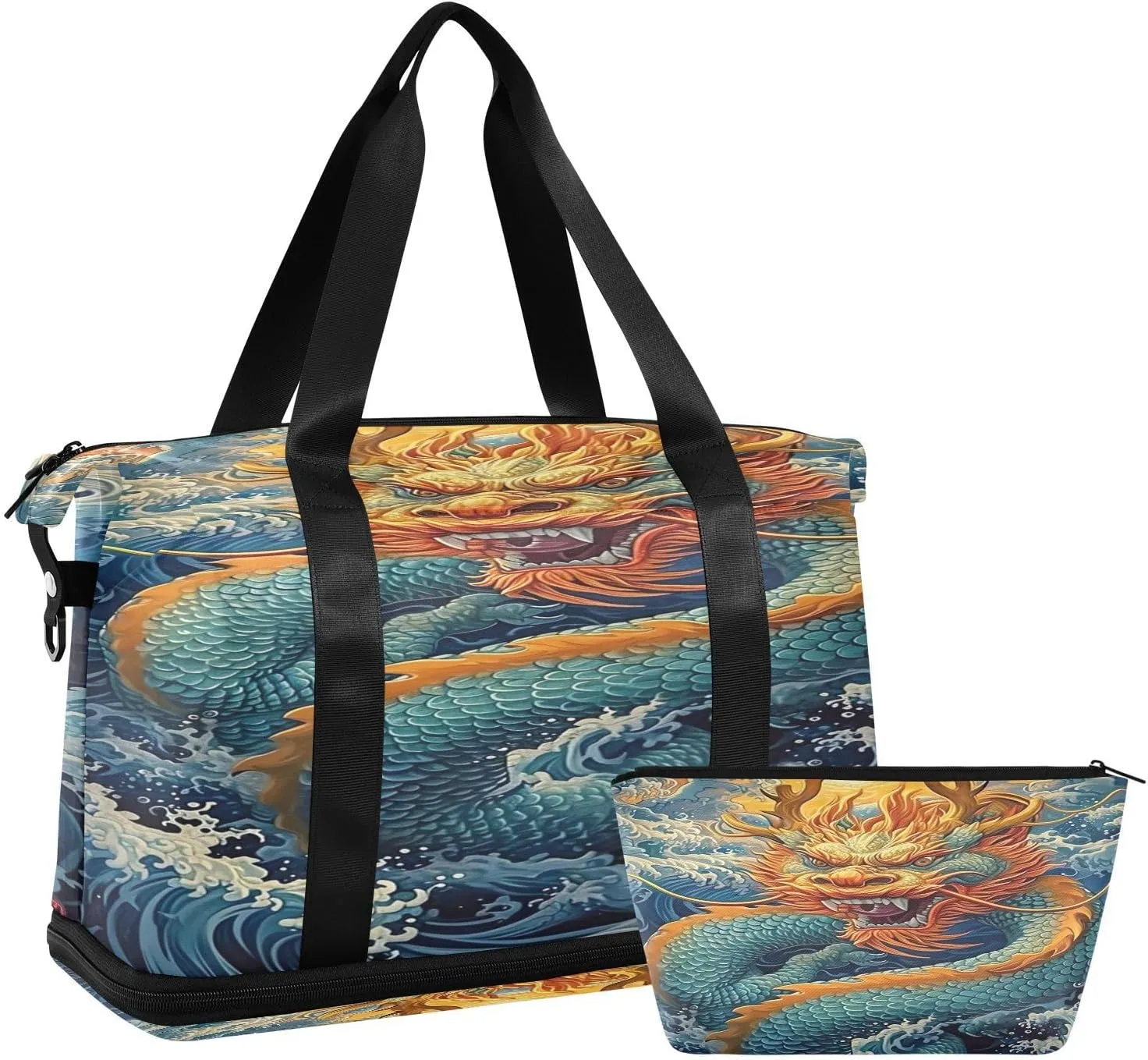 Kigai Chinese Dragon Gym Bag for Women & Men,Waterproof Weekender Overnight Bag with Shoes Compartment Sports Duffel Bag for Gym Yoga Swimming Camping