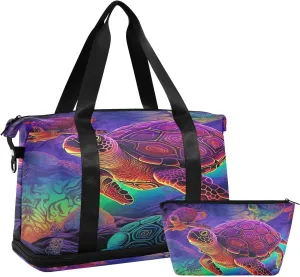 Kigai Colored Turtle Gym Bag for Women & Men,Waterproof Weekender Overnight Bag with Shoes Compartment Sports Duffel Bag for Gym Yoga Swimming Camping
