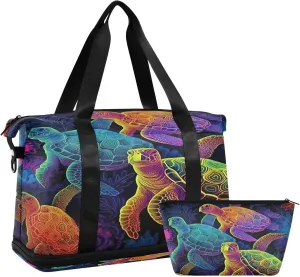 Kigai Colored Turtle Gym Bag for Women & Men,Waterproof Weekender Overnight Bag with Shoes Compartment Sports Duffel Bag for Gym Yoga Swimming Camping