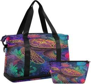 Kigai Colored Turtle Gym Bag for Women & Men,Waterproof Weekender Overnight Bag with Shoes Compartment Sports Duffel Bag for Gym Yoga Swimming Camping