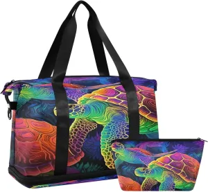 Kigai Colored Turtle Gym Bag for Women & Men,Waterproof Weekender Overnight Bag with Shoes Compartment Sports Duffel Bag for Gym Yoga Swimming Camping