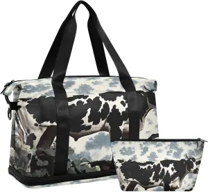 Kigai Cow Gym Bag for Women & Men,Waterproof Weekender Overnight Bag with Shoes Compartment Sports Duffel Bag for Gym Yoga Swimming Camping
