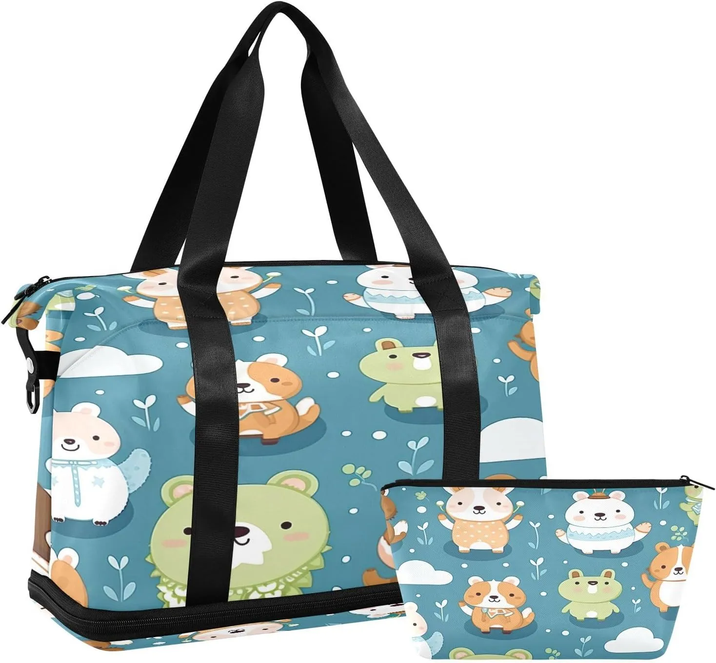 Kigai Cute Animals Gym Bag for Women & Men,Waterproof Weekender Overnight Bag with Shoes Compartment Sports Duffel Bag for Gym Yoga Swimming Camping