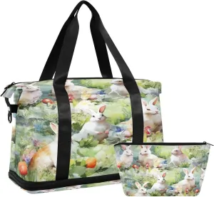 Kigai Cute Bunny Gym Bag for Women & Men,Waterproof Weekender Overnight Bag with Shoes Compartment Sports Duffel Bag for Gym Yoga Swimming Camping