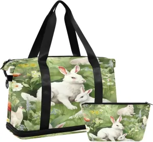 Kigai Cute Bunny Gym Bag for Women & Men,Waterproof Weekender Overnight Bag with Shoes Compartment Sports Duffel Bag for Gym Yoga Swimming Camping